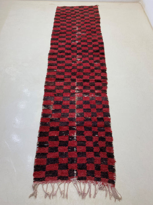 Striking Black and Red Checkered Moroccan Runner Rug 3x12, Vintage Geometric Home Decor