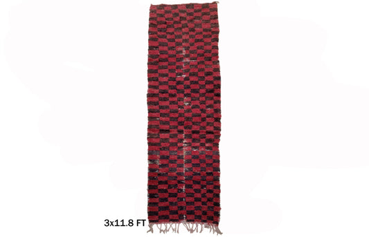 Striking Black and Red Checkered Moroccan Runner Rug 3x12, Vintage Geometric Home Decor
