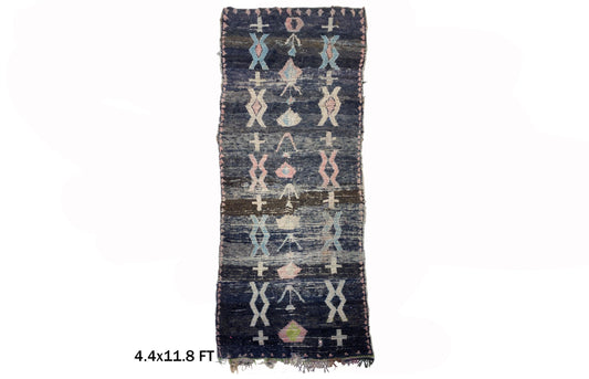 Moroccan Runner Rug, 4x12 Faded Vintage Wool Runner, Large Artistic Hallway Decor.