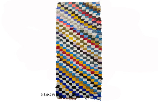 Checkered Moroccan Runner Rug, Berber Boho 9x3 Rug Runner.