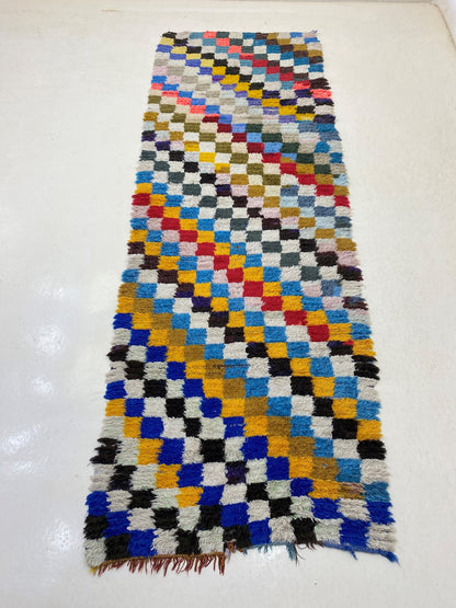 Checkered Moroccan Runner Rug, Berber Boho 9x3 Rug Runner.