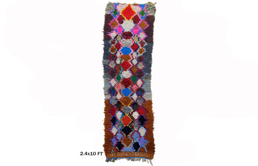 Tapis de couloir marocain long 2x10, décor diamant vintage, tapis de couloir bohème coloré.