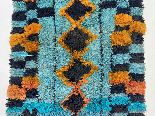 4x9 Moroccan Boucherouite Runner Rug, Unique Vintage Rug.
