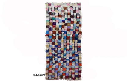 Vintage Checkered Rug Runner, 3x9 colorful Moroccan Runner Rug.