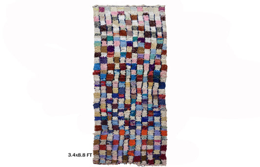Vintage Checkered Rug Runner, 3x9 colorful Moroccan Runner Rug.