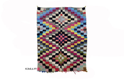 Checkered 5x4 Area Rug, Colorful Vintage Wool Rug, Moroccan Rug.