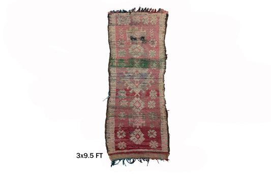 Tapis de couloir marocain vintage usé de 3 x 10 po de long, tapis de couloir en laine usé.