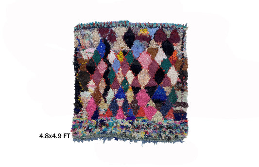 5x5 Unique Moroccan Diamond Rug, Boucherouite Area Rug.