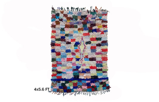 Berber Boucherouite Moroccan Rug 4x6 , Vintage Colorful Area Rug.