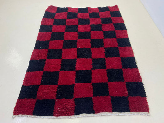 Moroccan checkered Rug, Black and Red Berber Rug for Your Home.
