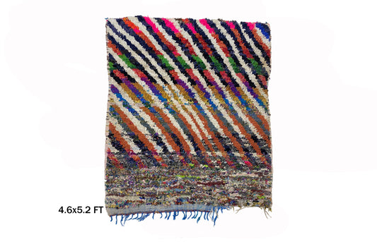 5x5 Moroccan Rug, Vintage Cozy Boho Rug, Colorful Boucherouite Striped Rug.