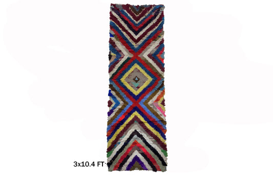 Moroccan Rug Runner, 3x10 Vibrant Geometric Vintage Rug,Unique Chevron Runner.