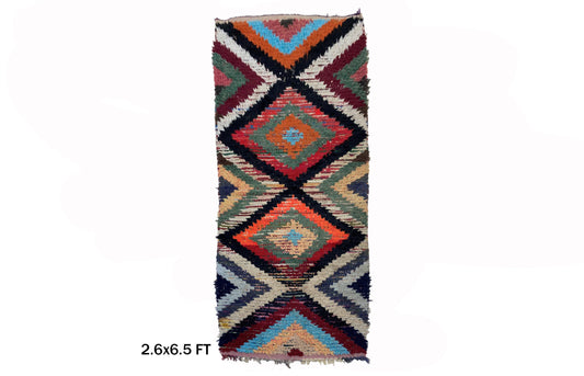 Vibrant Geometric Vintage Moroccan Runner Rug, 3x7 Feet.