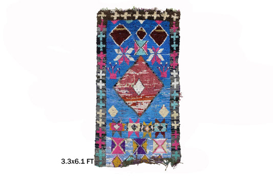 Boucherouite Vintage Moroccan Rug 3x6 , Colorful Diamond Area Rug.