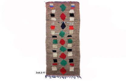 Colorful Vintage Moroccan 3x8 Runner Rug.