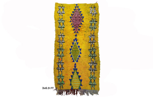 Yellow Diamond 3x7 Runner, Vintage Moroccan Runner Rug.