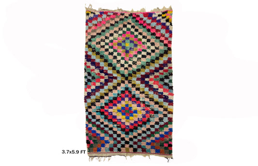 Checkered Moroccan 4x6 Rug, Colorful Vintage Area Rug.