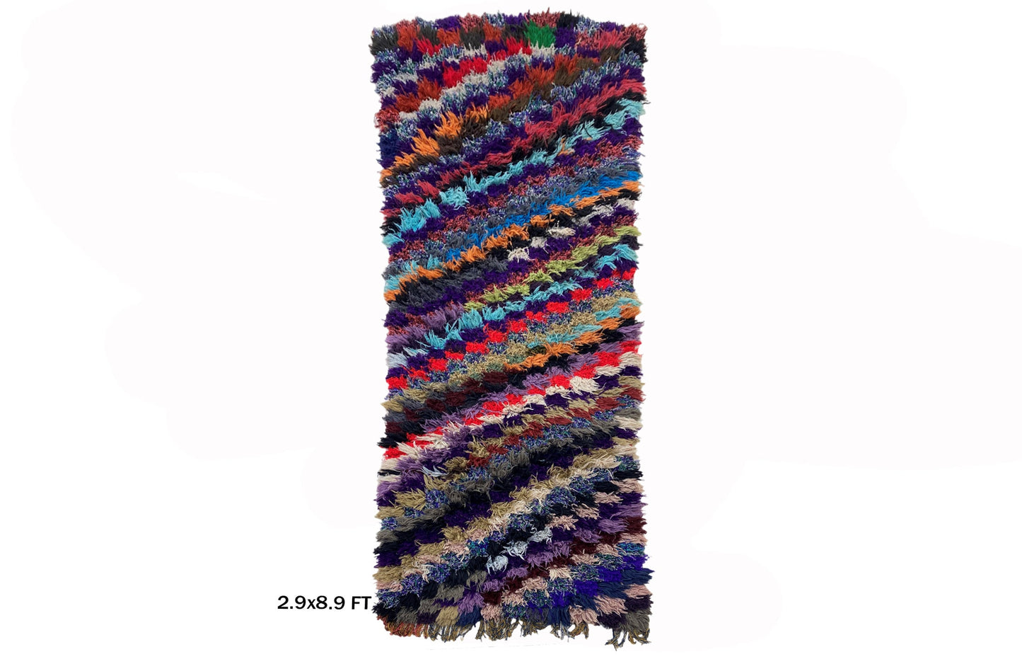 3x9 Checkered Moroccan Runner, Long Vintage Colorful Runner.