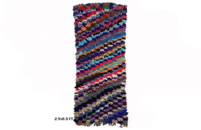 3x9 Checkered Moroccan Runner, Long Vintage Colorful Runner.