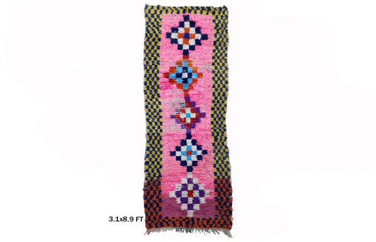 Long Diamond Moroccan Runner Rug, Woven Colorful 9x3 Rug.