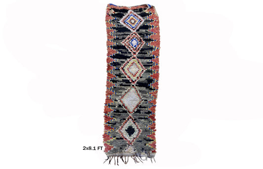 Long Colorful Moroccan Runner, Boucherouite Vintage 2x8 Runner.