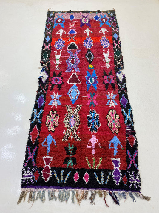 4x9 Moroccan Runner Rug, Unique Boucherouite Vintage Rug.