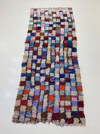 Vintage Checkered Rug Runner, 3x9 colorful Moroccan Runner Rug.