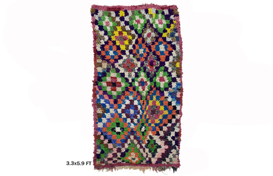 Small Checkered vintage 3x6 Rug, Diamond Colorful Area Rug.