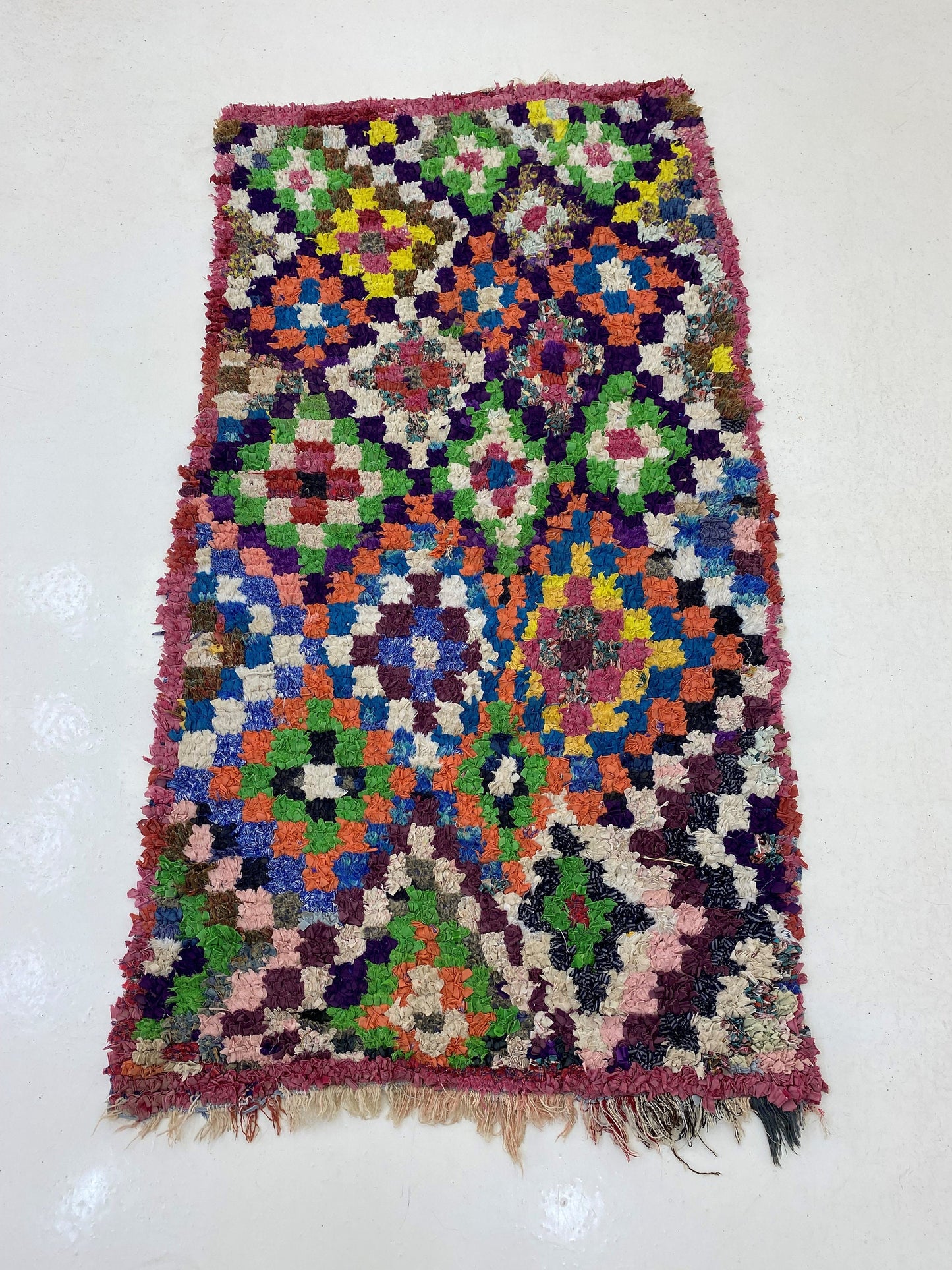 Small Checkered vintage 3x6 Rug, Diamond Colorful Area Rug.