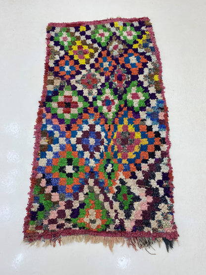 Small Checkered vintage 3x6 Rug, Diamond Colorful Area Rug.