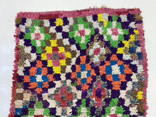 Small Checkered vintage 3x6 Rug, Diamond Colorful Area Rug.
