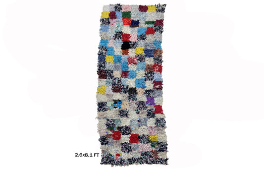 Moroccan Runner, 3x8 Colorful Checkered Runner, Vintage Boho Rug.