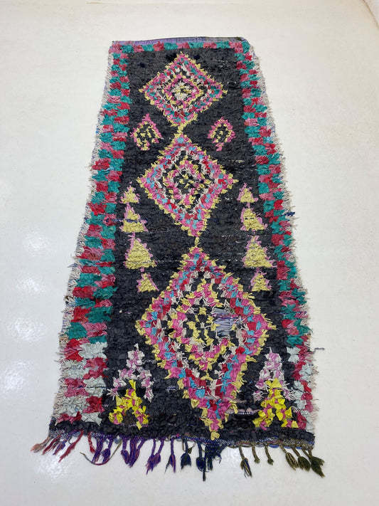 Tapis de couloir marocain Boucherouite 3x8, tapis de couloir berbère vintage coloré.
