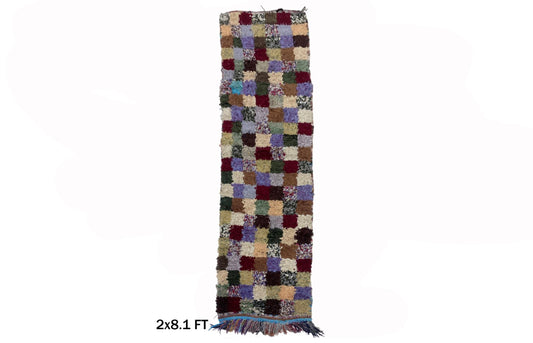 Eclectic Moroccan Boucherouite Rug 2x8, Berber Vintage Home Decor.