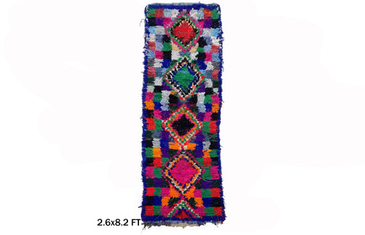 Moroccan Boucherouite Rug 3x8, Berber Vintage Runner.
