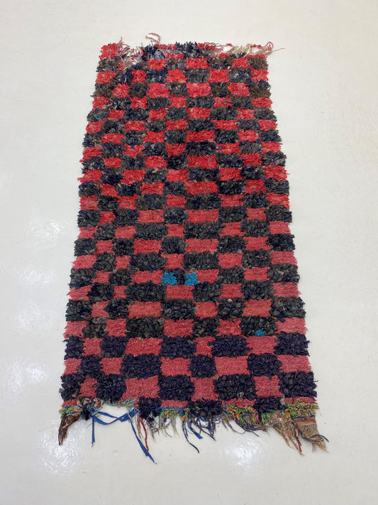 Checkered Moroccan Runner, 3x6 Vintage Boucherouite Rug.