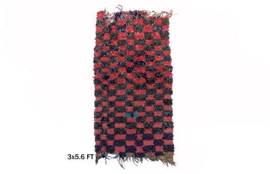 Checkered Moroccan Runner, 3x6 Vintage Boucherouite Rug.
