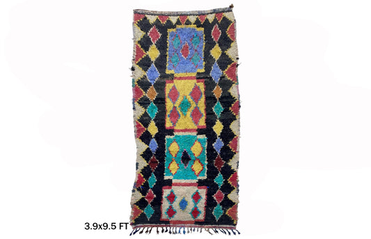 Moroccan Vintage Runner Rug 4x10, Boucherouite Colorful Runner.