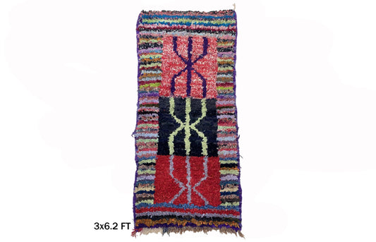 Boucherouite Moroccan Rug Runner 3x6, Vintage Unique Woven Decor.