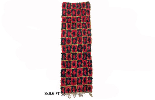 Tapis marocain long 3x10, style Boucherouite Vintage.