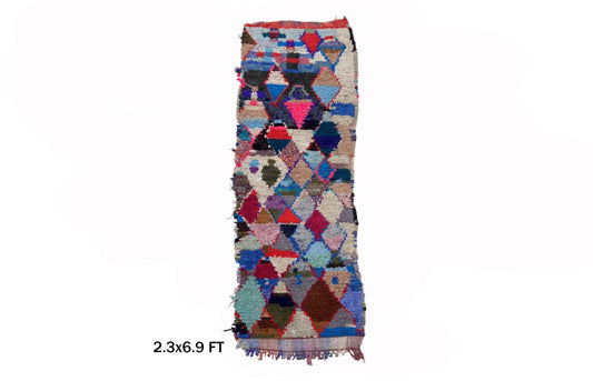 Tapis de couloir marocain Boucherouite 2x7, tapis de couloir vintage coloré.