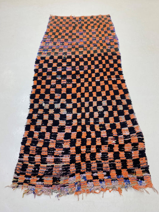 Moroccan Checkered Runner, Wool Vintage Rug 4x10.