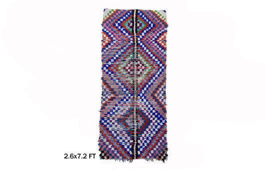 Moroccan 3x7 Runner Rug, Colorful Checkered Rug Runner.