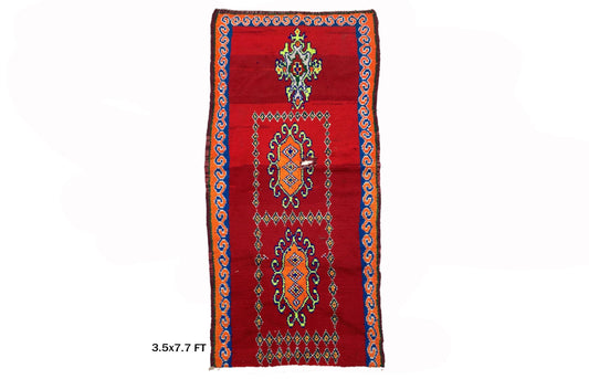 Red Moroccan 3.5x8 Runner, Unique Vintage Rug Runner.