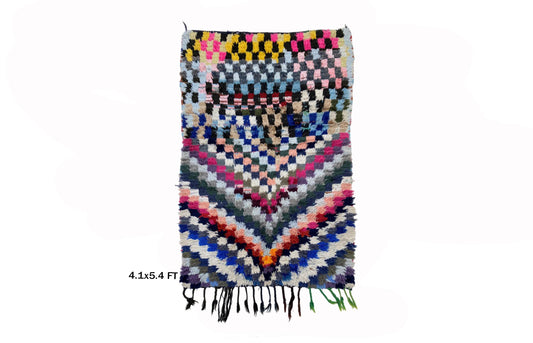Moroccan 4x5 Rug: Checkered Colorful Area Rug.