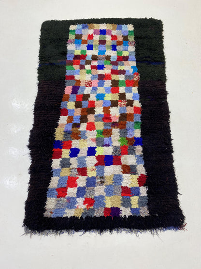 Small Moroccan 3x6 Rug: Colorful Checkered Pattern Rug.
