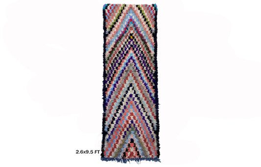 Moroccan 3x9.5 Checkered Rug Runner, Colorful Vintage Style.