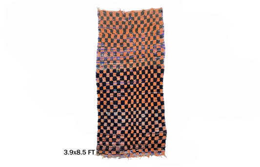 Moroccan Checkered Runner, Wool Vintage Rug 4x10.