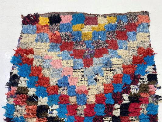Tapis de couloir coloré à carreaux 3x8, tapis de couloir vintage marocain unique.