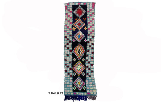 Narrow Moroccan Colorful 3x9 Runner, Diamond Vintage Rug Runner.